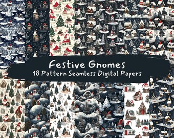 Festive Gnomes Pattern Seamless Digital Papers - printable scrapbook paper instant download, commercial use, 300dpi