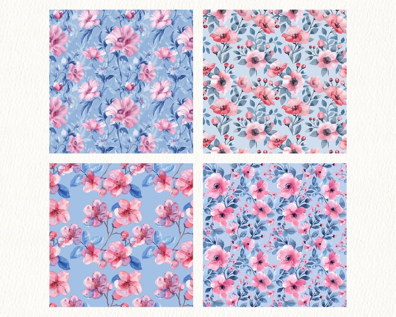 Spring Blue Floral Pattern Seamless Digital Papers Scrapbook Paper Junk ...
