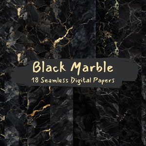 May include: A set of 18 seamless digital papers featuring black marble with gold veining. The papers are ideal for creating backgrounds, patterns, and textures for your digital projects.