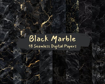 May include: A set of 18 seamless digital papers featuring black marble with gold veining. The papers are ideal for creating backgrounds, patterns, and textures for your digital projects.