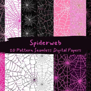 Puede incluir: Un conjunto de 20 papeles digitales con patrones de telaraña en varios colores, incluyendo negro, blanco, rosa y purpurina plateada. Los papeles son sin costuras y se pueden usar para manualidades, scrapbooking y otros proyectos creativos.