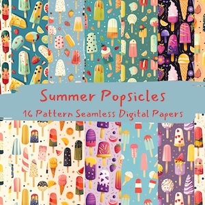 Könnte beinhalten: Ein Set mit 16 digitalen Papieren mit farbenfrohen, nahtlosen Mustern von Eis am Stiel und sommerlichen Designs. Die Muster umfassen verschiedene Farben wie Blau, Grün, Lila, Gelb und Orange und zeigen verschiedene Eissorten und Toppings.