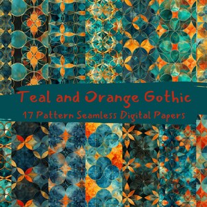 Könnte beinhalten: Teal und orangefarbener Gothic Digital Paper Pack mit 17 nahtlosen Mustern. Die Muster zeigen geometrische Formen und Designs.