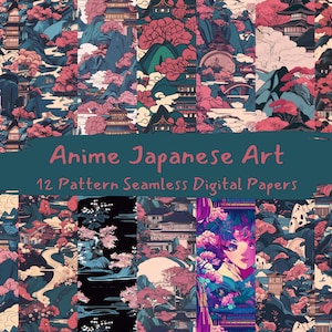 Anime Japanese Art Pattern Seamless Digital Papers - printable scrapbook paper png instant download commercial use 300dpi
