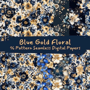 Blue Gold Floral Pattern Seamless Digital Papers - printable scrapbook paper png instant download commercial use 300dpi