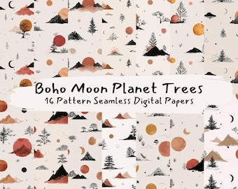 Boho Moon Planet Trees Pattern Seamless Digital Papers - printable scrapbook paper png instant download commercial use 300dpi