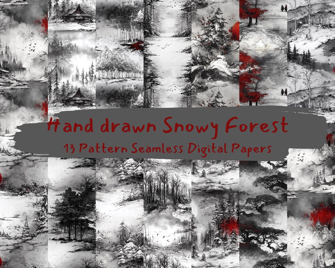 Snowy Pattern Paper Hand Drawn Snowy Forest Pattern Seamless Digital Papers - Printable ...