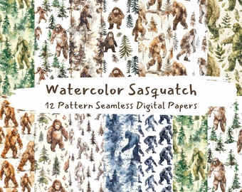 Watercolor Sasquatch Pattern Seamless Digital Papers - printable scrapbook paper instant download, commercial use, 300dpi