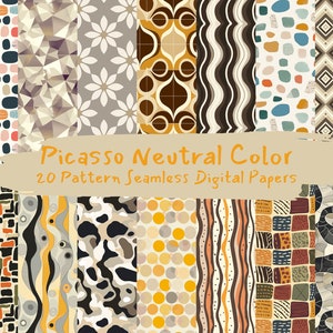 May include: A set of 20 digital paper patterns in neutral colors. The patterns include geometric shapes, abstract designs, and textures. The text "Picasso Neutral Color 20 Pattern Seamless Digital Papers" is displayed on the image.