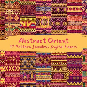 May include: A collection of 17 digital papers featuring abstract geometric patterns in vibrant colors, including red, yellow, orange, purple, and blue. The patterns are inspired by traditional oriental designs and are perfect for creating unique and eye-catching projects.