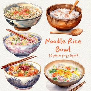May include: Four watercolor illustrations of bowls filled with different types of noodles and rice. The bowls are all different colors and designs. The text "Noodle Rice Bowl" and "20 piece png clipart" is written in orange below the bowls.