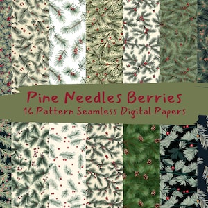 Może przedstawiać: 16 wzorów cyfrowych papierów bez szwów z igłami sosnowymi i czerwonymi jagodami w różnych układach. Wzory są bez szwów i można je wykorzystać do rękodzieła, scrapbookingu i innych projektów kreatywnych.