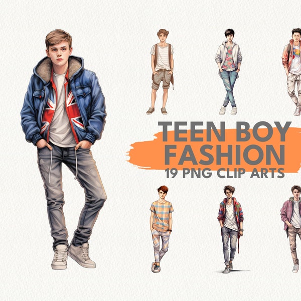 Teen Boy Fashion, paquete de imágenes prediseñadas digitales en formato PNG fondo transparente descarga instantánea para uso comercial