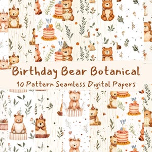 Urso de aniversário com padrão botânico sem costura, papéis digitais - papel para scrapbook para impressão png download instantâneo uso comercial 300dpi