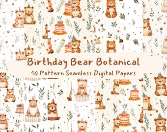 May include: Ten digital paper designs featuring a watercolour illustration of a birthday bear with a cake and botanical elements. The papers are seamless and can be used for crafting, scrapbooking, and other creative projects.