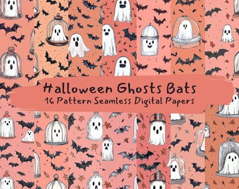 May include: A digital paper set with a repeating pattern of Halloween illustrations. The design includes ghosts, bats, and glass bell jars. The colour palette is orange, black, and white. The text reads "Halloween Ghosts Bats 16 Pattern Seamless Digital Papers."