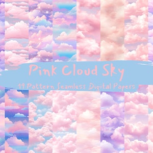 May include: A digital paper pack with 19 seamless patterns featuring pink, purple, and blue clouds against a light blue sky. The text "Pink Cloud Sky" is written in pink letters on a light blue background.