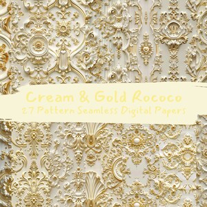 May include: Cream and gold Rococo style digital papers. 27 seamless patterns with intricate details.