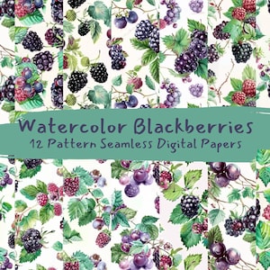 May include: Twelve watercolor patterns featuring blackberries and leaves on a white background. The patterns are seamless and can be used for digital paper, scrapbooking, or other craft projects.