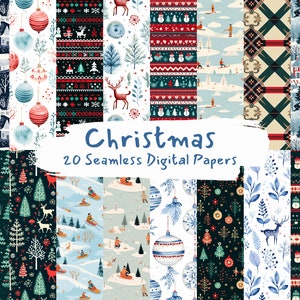 Könnte beinhalten: Ein Set mit 20 digitalen Papieren mit verschiedenen Weihnachtsmotiven, darunter Winterszenen, Ornamente, Rentiere und Schneeflocken. Die Papiere sind in verschiedenen Farben gehalten, darunter Rot, Grün, Blau und Weiß.