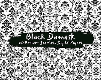 May include: A digital paper pack with 20 black and white damask patterns. The patterns are seamless and can be used for a variety of projects, such as scrapbooking, card making, and digital design.