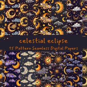 celestial eclipse Pattern Seamless Digital Papers - printable scrapbook paper instant download, commercial use, 300dpi