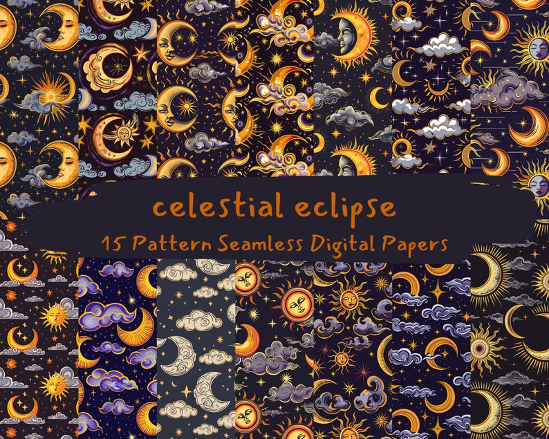 celestial eclipse Pattern Seamless Digital Papers - printable scrapbook paper instant download, commercial use, 300dpi image 1