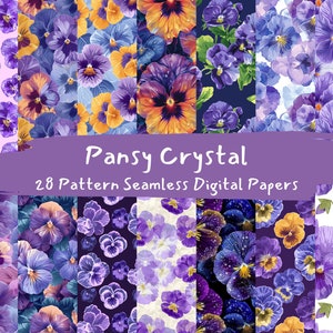 May include: A set of 28 digital papers featuring a seamless pattern of purple, yellow, and white pansies. The papers are perfect for crafting, scrapbooking, and digital design projects.