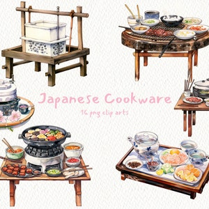Könnte beinhalten: Eine Sammlung von Aquarell-Illustrationen japanischer Kochutensilien, darunter ein traditioneller Dampfkorb, ein Hibachi-Grill, ein Topf und ein Teeservice. Die Illustrationen befinden sich auf einem weißen Hintergrund mit dem Text "Japanese Cookware 16 png clip arts".
