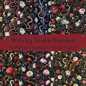 Witchy Snake Garden Pattern Seamless Digital Papers - printable scrapbook paper instant download, commercial use, 300dpi