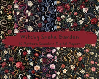 Witchy Snake Garden Pattern Seamless Digital Papers - printable scrapbook paper instant download, commercial use, 300dpi
