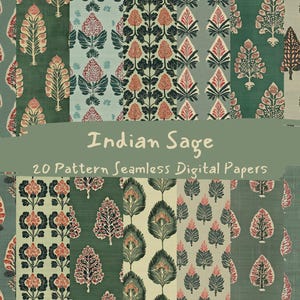 Könnte beinhalten: Ein Set mit 20 digitalen Papieren mit einem sich wiederholenden Muster aus stilisierten grünen und roten floralen Motiven auf einem Salbeigrün-Hintergrund. Der Text "Indian Sage" und "20 Pattern Seamless Digital Papers" wird auf einem grünen Banner angezeigt.