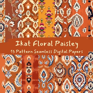 Ikat Floral Paisley Pattern Seamless Digital Papers - printable scrapbook paper instant download, commercial use, 300dpi