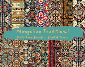 Könnte beinhalten: Eine Sammlung von 13 digitalen Papieren mit komplizierten, farbenfrohen Mustern, die von traditionellen mongolischen Designs inspiriert sind. Die Muster umfassen geometrische Formen, florale Motive und traditionelle Symbole in Rot-, Blau-, Gelb- und Grüntönen.