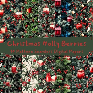 Christmas Holly Berries Pattern Seamless Digital Papers - printable scrapbook paper png instant download commercial use 300dpi