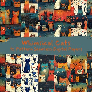 May include: A digital paper pack with 12 whimsical cat patterns. The patterns feature colorful cats in various poses and styles, including a cat wearing a crown, a cat with a fish, and a cat with a butterfly. The patterns are perfect for creating unique and fun projects.