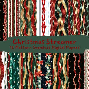 May include: Twelve digital paper patterns featuring seamless designs of red, green, gold, and white Christmas streamers. The patterns are perfect for crafting, scrapbooking, and digital design projects.