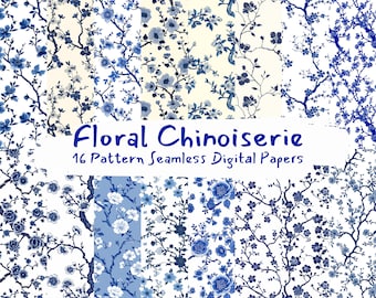 Floral Chinoiserie Pattern Seamless Digital Papers - printable scrapbook paper instant download for commercial use, 300dpi