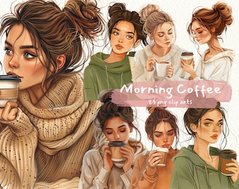Morning Coffee digital printable clipart bundle in PNG format transparent background instant download for commercial use