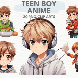 Paquete de imágenes prediseñadas digitales imprimibles de anime de chico adolescente en formato PNG, fondo transparente, descarga instantánea para uso comercial