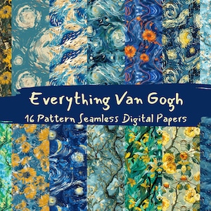 May include: A digital paper pack featuring 16 seamless patterns inspired by the artwork of Vincent van Gogh. The patterns include sunflowers, starry nights, and almond blossoms in shades of blue, yellow, and green.