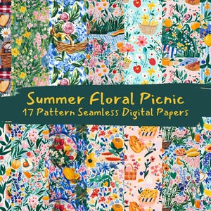 Summer Floral Picnic Seamless Digital Papers - printable scrapbook paper png instant download commercial use 300dpi