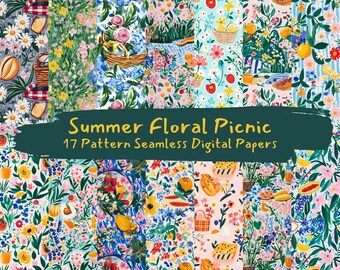 夏の花柄ピクニックシームレスデジタルペーパー - 印刷可能なスクラップブック用紙 png 即時ダウンロード 商用利用 300dpi