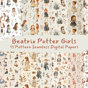 Beatrix Potter Girls Pattern Seamless Digital Papers - printable scrapbook paper instant download, commercial use, 300dpi