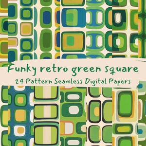 Carta digitale senza soluzione di continuità con motivo quadrato verde retrò funky - carta per scrapbooking stampabile in formato png, download immediato, uso commerciale 300 dpi
