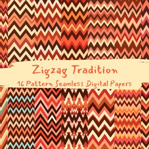 May include: A set of 16 digital papers featuring seamless zigzag patterns in shades of orange, brown, and cream. The papers are titled "Zigzag Tradition".