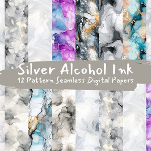 May include: Twelve seamless digital paper patterns featuring abstract silver alcohol ink designs in shades of grey, blue, purple, and gold.
