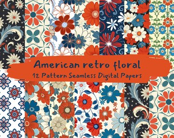 May include: Twelve digital paper patterns featuring red, white, and blue floral designs. The patterns are seamless and can be used for scrapbooking, card making, and other craft projects. American retro floral 12 pattern seamless digital papers.