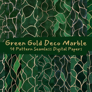 Könnte beinhalten: Ein Set mit 14 digitalen Papieren mit einem nahtlosen Muster aus grün-goldenen marmorierten Blättern. Green Gold Deco Marble 14 Pattern Seamless Digital Papers.