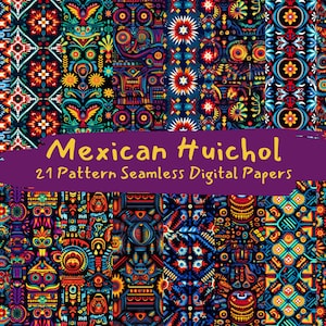 May include: A collection of 21 digital papers featuring vibrant, colorful, and intricate Mexican Huichol patterns. The patterns are inspired by traditional Huichol art and feature geometric shapes, animals, and symbols.